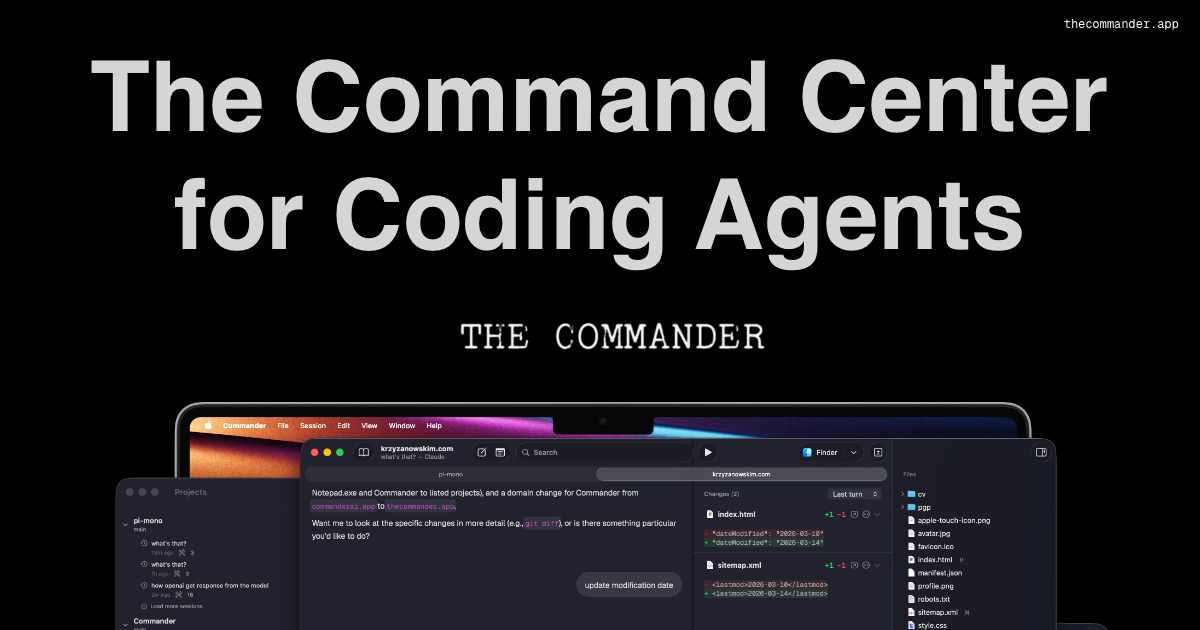 Commander showing a coding agent conversation and a reviewable code diff