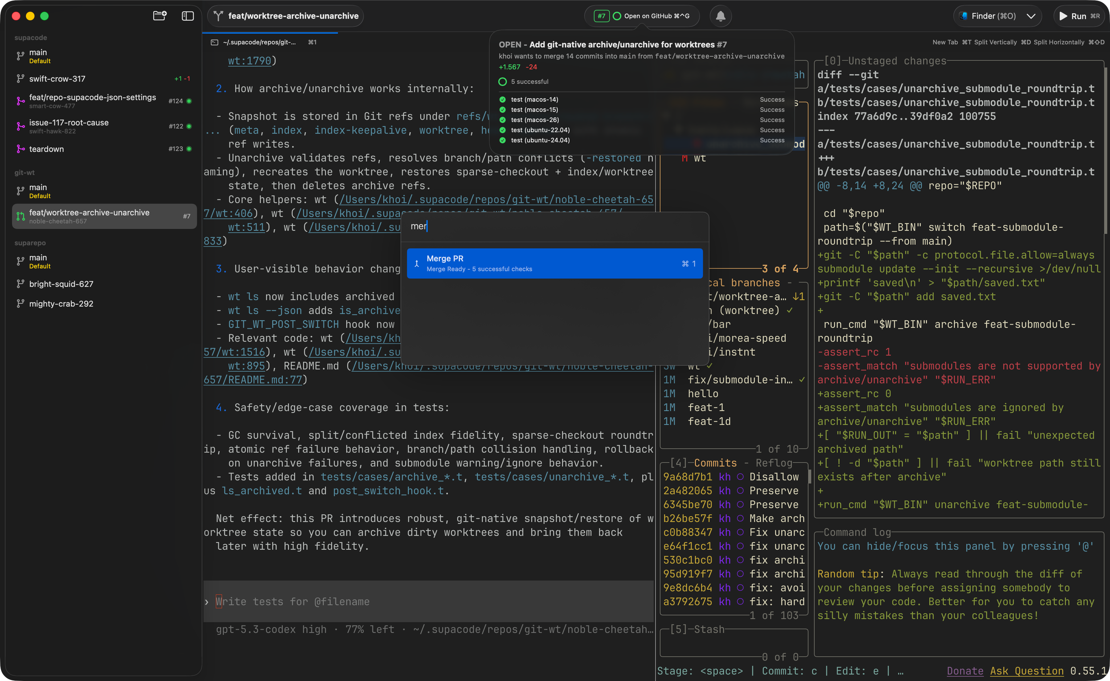 Supacode showing a repository, worktrees, GitHub pull request and terminal panes